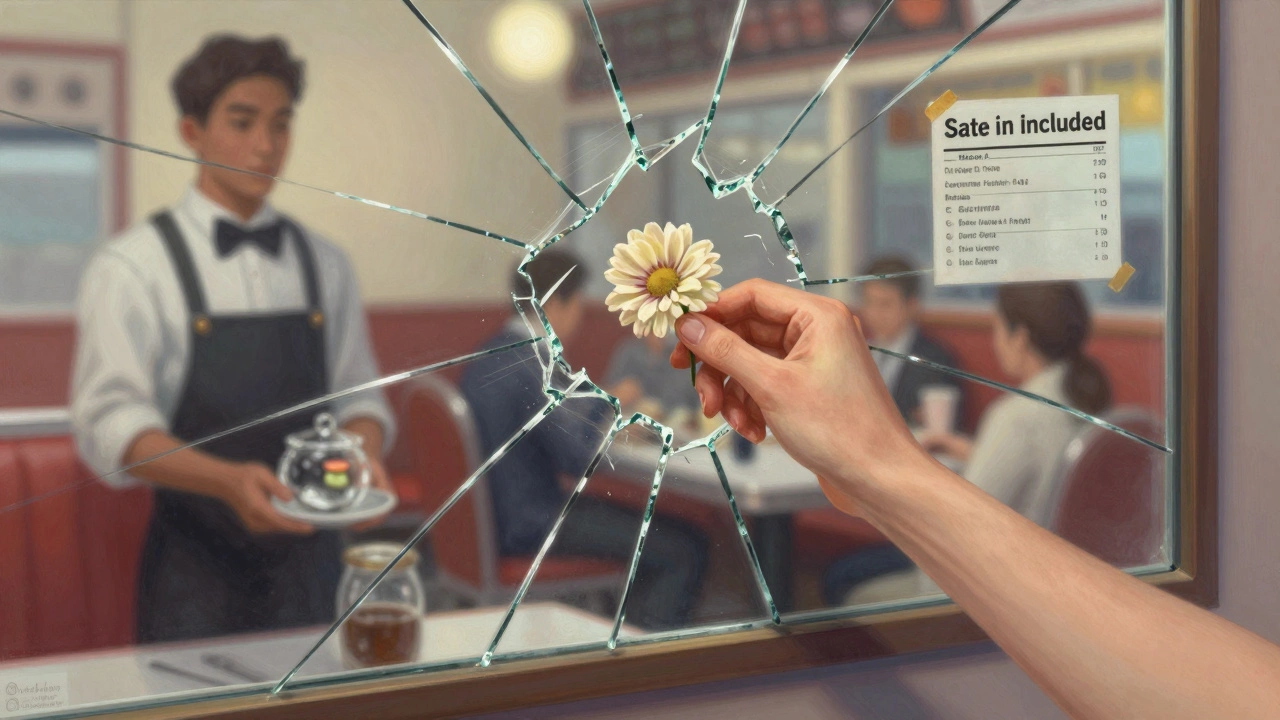 A fractured mirror showing different cultural approaches to tipping, with a flower at the center.