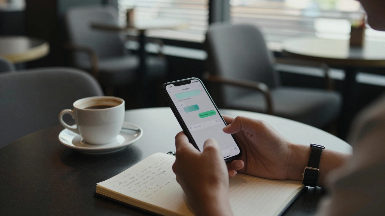 Someone using an encrypted messaging app in a quiet café, focused on private communication.