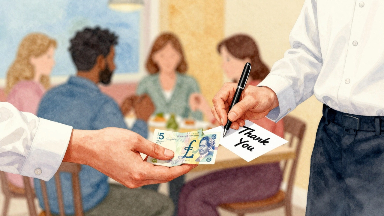 Two hands exchanging a tip and a handwritten thank-you note in a quiet restaurant setting.