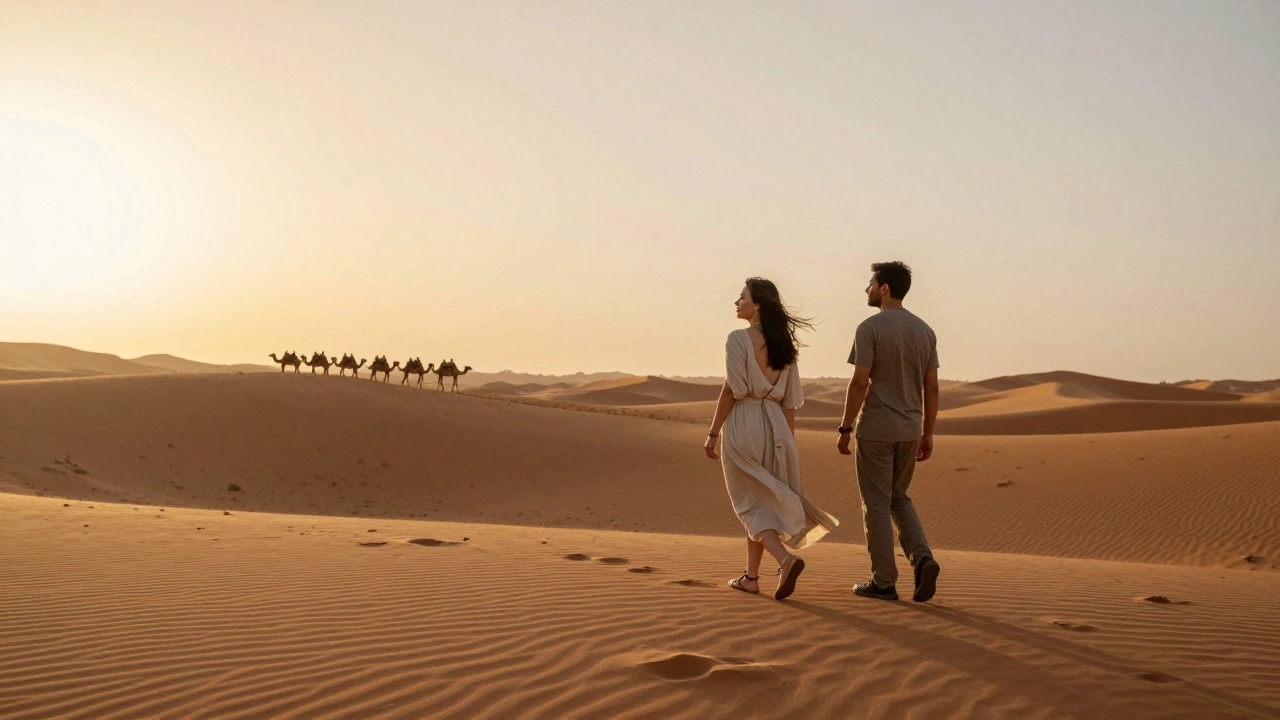 Two people walking together in the Dubai desert at sunset, enjoying quiet companionship.